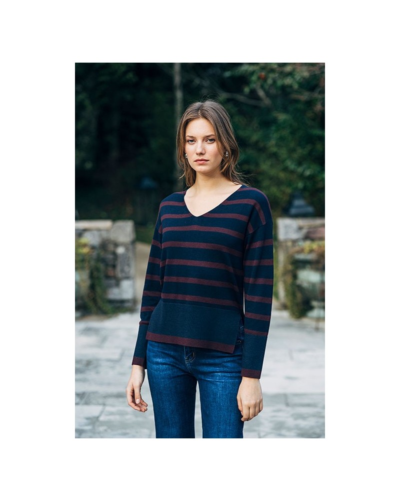 Jersey Pico Marino Con Rayas Burdeos