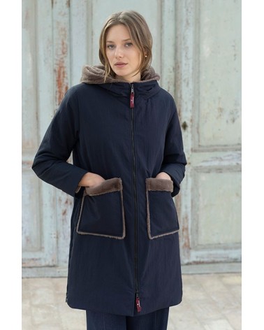 Parka Azul Marino Con Capucha y Bolsillos Pelo