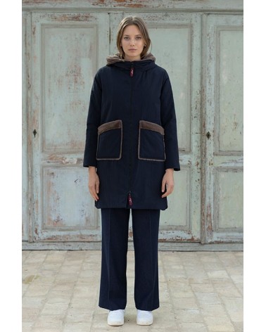 Parka Azul Marino Con Capucha y Bolsillos Pelo